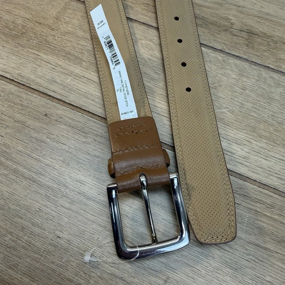 Cole Haan Leather Dress Belt Mens 44 Brown Detail Stitched Edge Silver Buckle